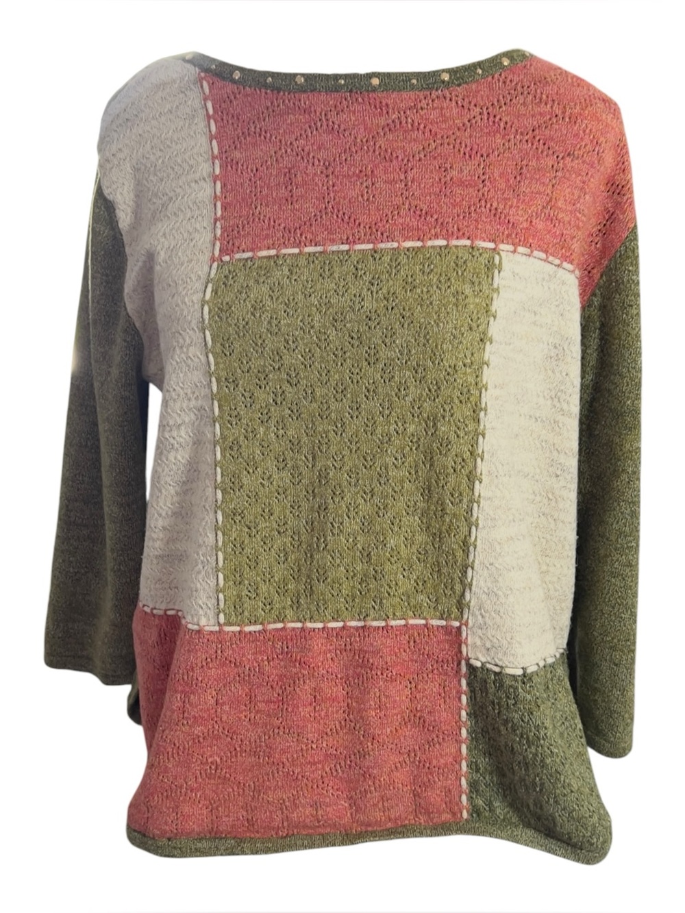 Alfred Dunner Sweater Womens M Olive Green Coral Cream Patchwork Knit Pullover